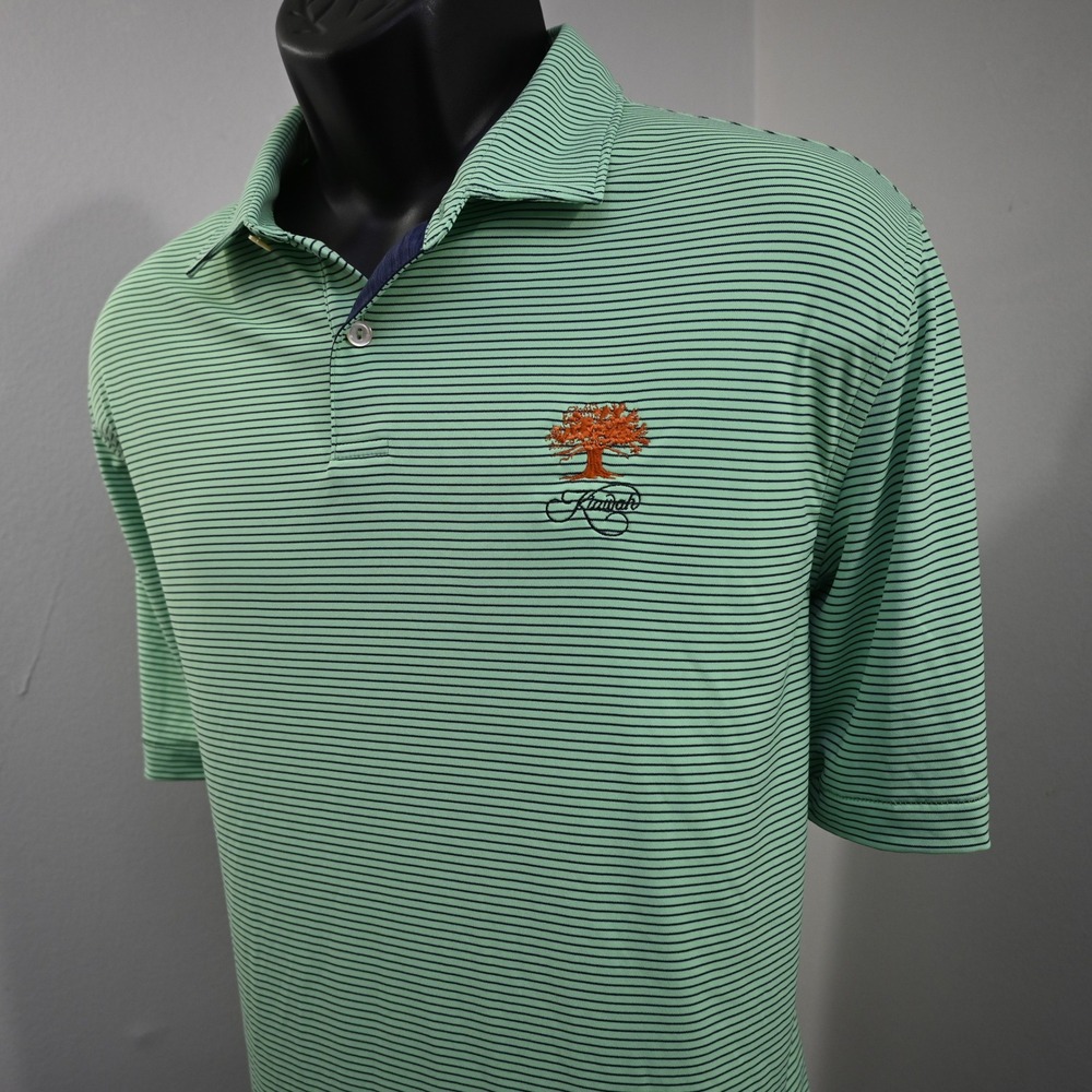 Peter Millar Kiawah Island Golf Polo Mens Large Green Striped UPF 50+ Button Up
